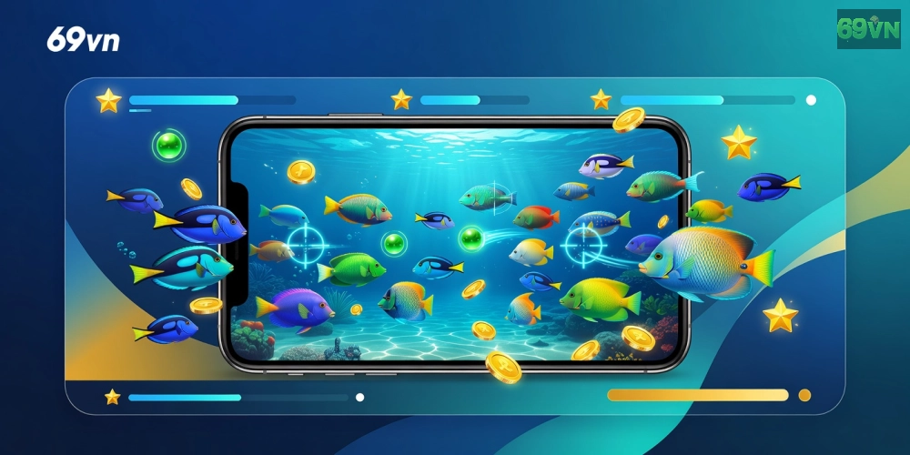 Minh họa khái niệm bắn cá online 69vn với hình ảnh đại dương sống động và các nền tảng game uy tín
