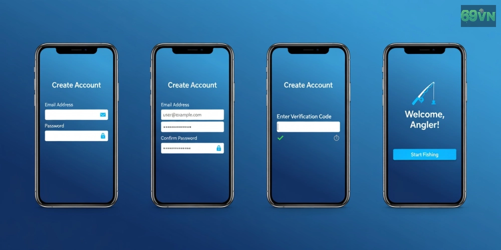 Hình ảnh hướng dẫn từng bước đăng ký tài khoản bắn cá vui 69vn trên giao diện mobile thân thiện